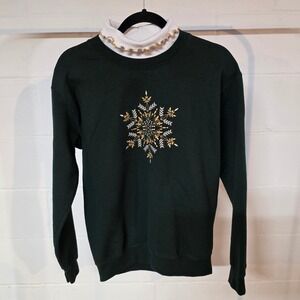 Vintage PFI Fashion Hunter Green Gold Snowflake Embroidered Mock Neck Sweatshirt
